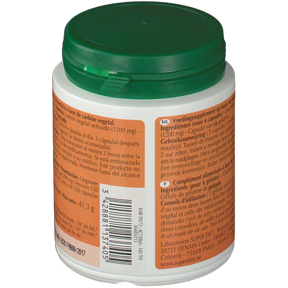 Barattolo bianco con coperchio verde. Testo multilingue sul retro. Contiene 150 capsule. Peso: 41,3 g.