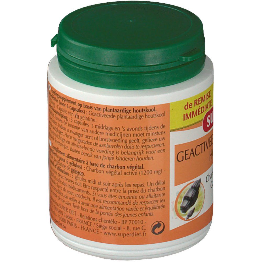 Barattolo bianco con coperchio verde. Testo multilingue sul retro. Contiene 150 capsule. Marchio: Super Diet.