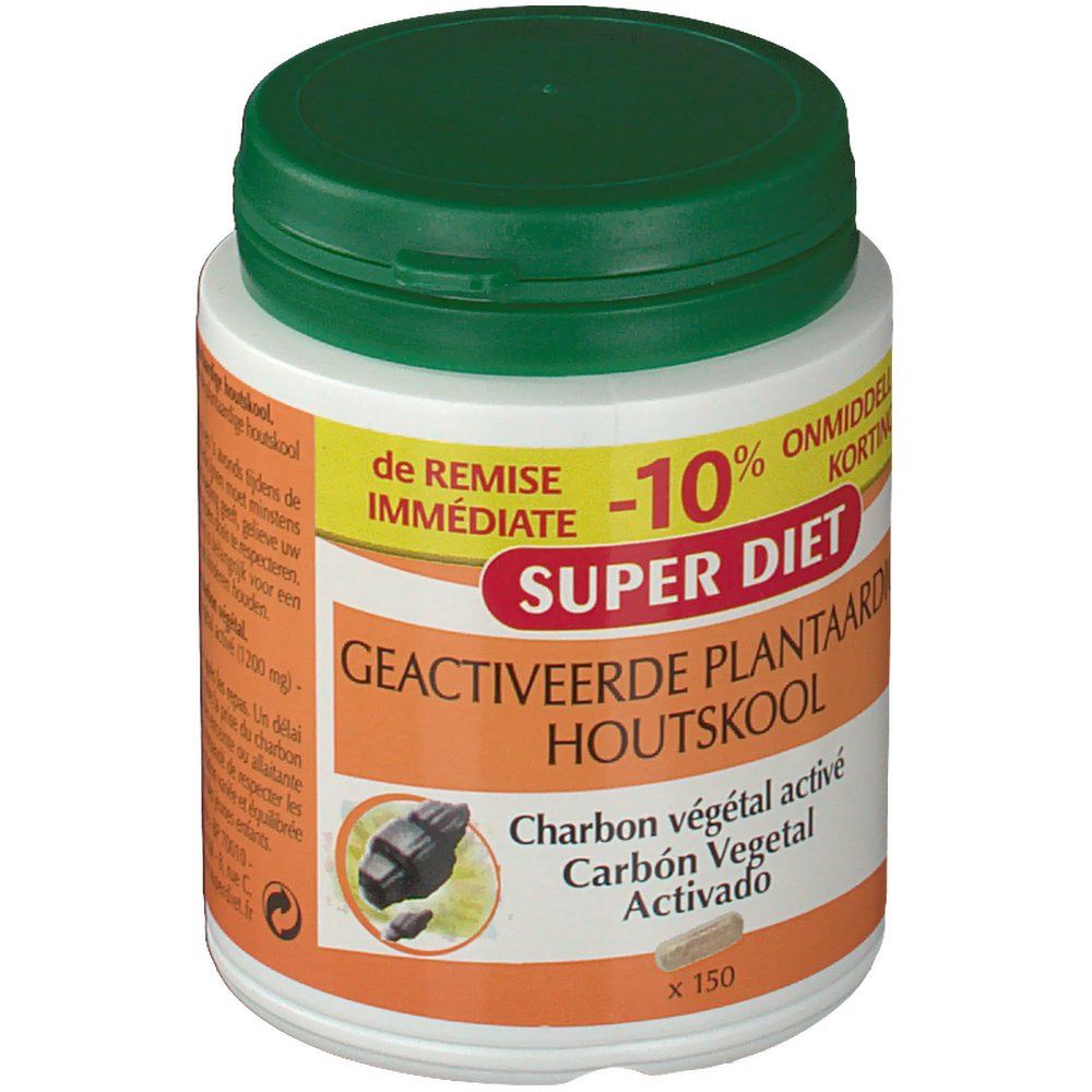 Barattolo bianco con coperchio verde. Scritta: Super Diet, Geactiveerde Plantaardige Houtskool, Charbon Végétal Activé, Carbón Vegetal Activado.