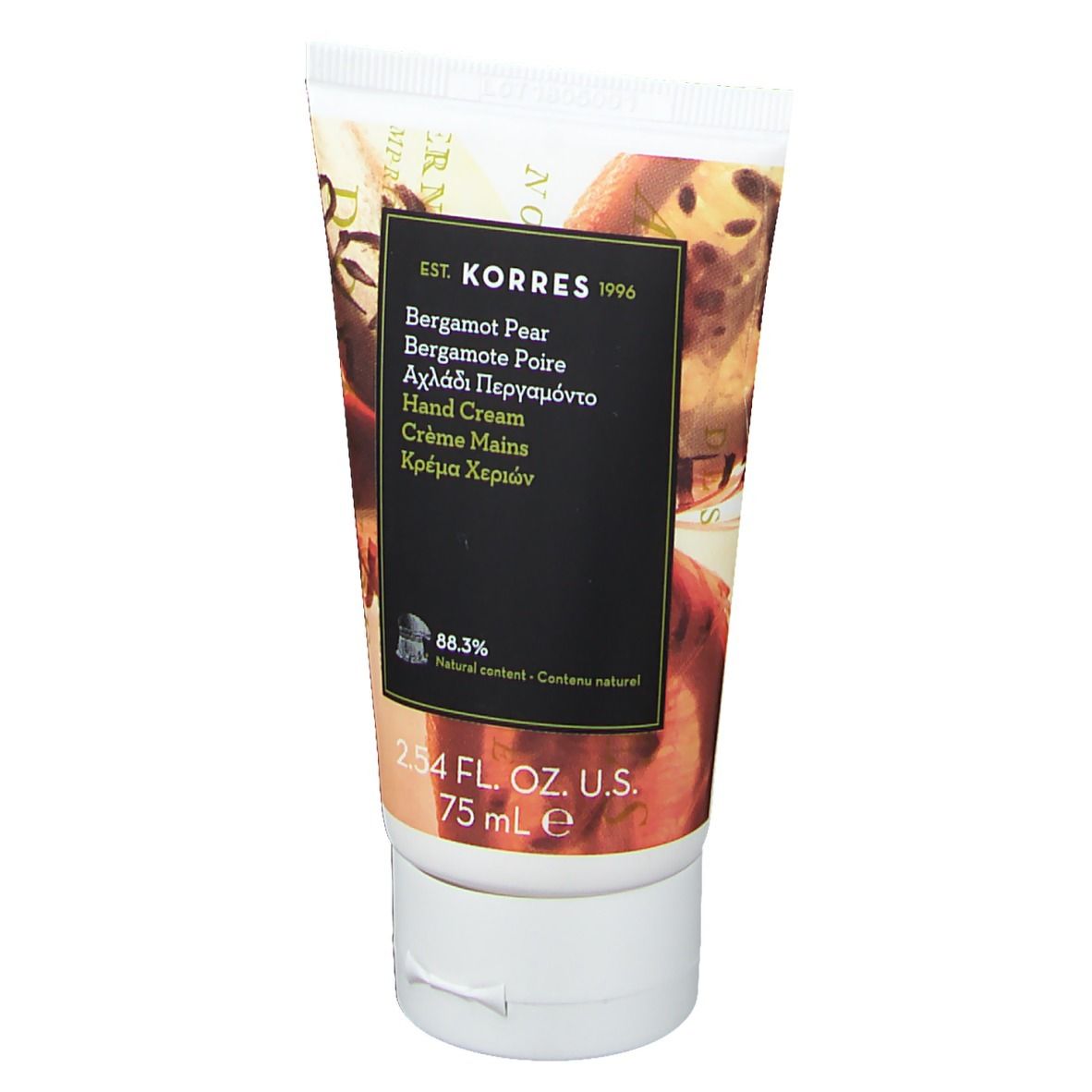 Tubo di crema mani con nome del prodotto e logo. Etichetta nera con testo multilingue. 75 ml.