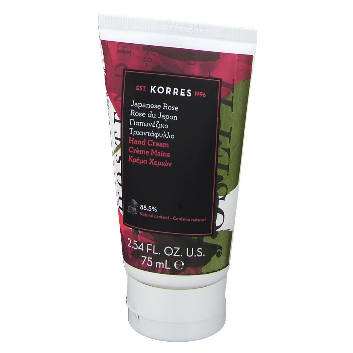 Tubo di crema mani Japanese Rose. Etichetta nera con nome prodotto e marchio KORRES. 75 ml.