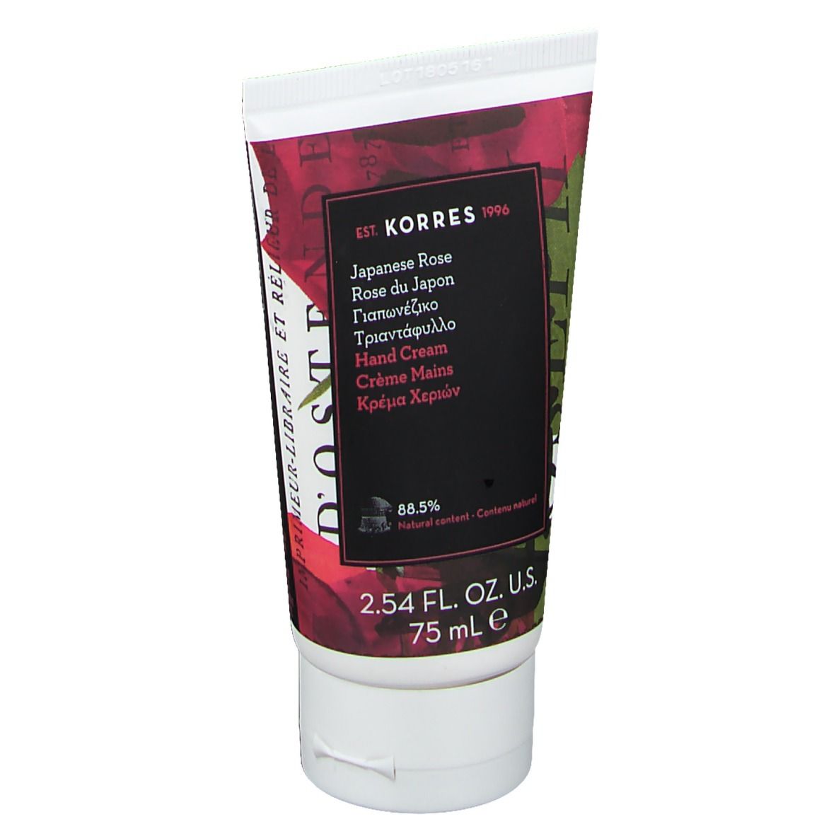 Tubo di crema mani Japanese Rose. Etichetta nera con nome prodotto e marchio KORRES. 75 ml.