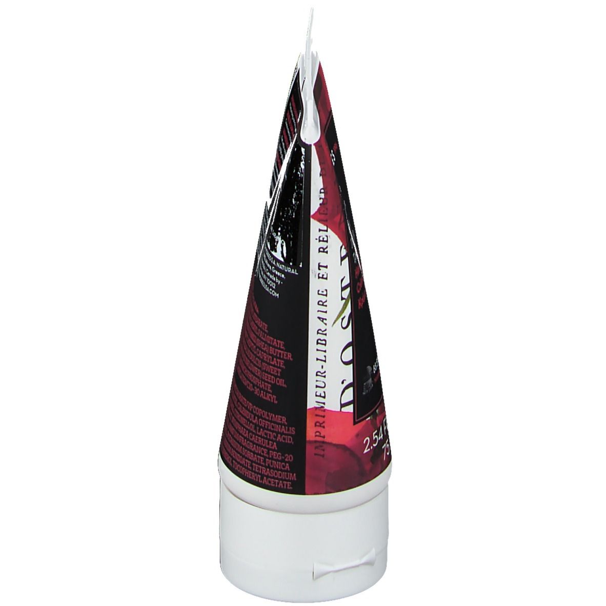 Tubo di crema mani, vista inferiore. Tappo bianco, nome prodotto e marchio KORRES. 75 ml.