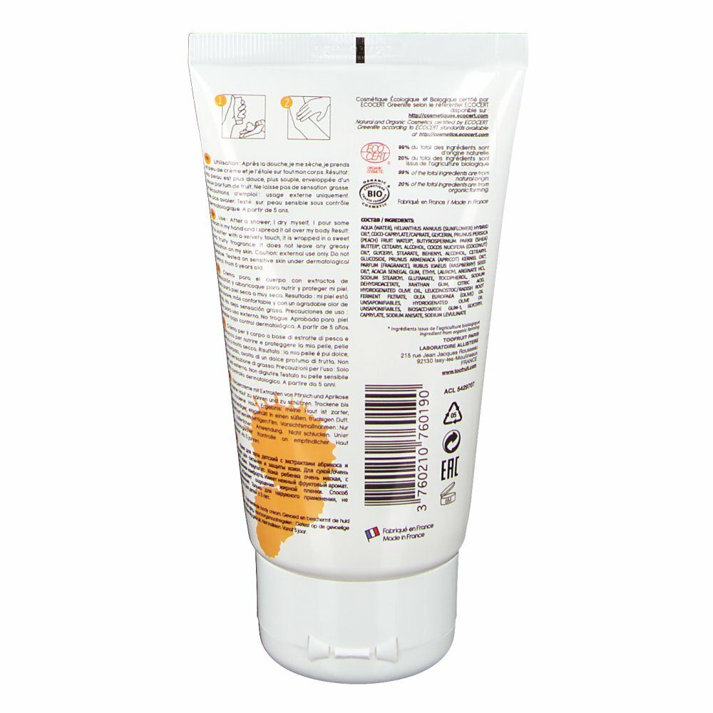 Retro del tubo. Ingredienti, informazioni produttore, codice a barre. Certificazione BIO.