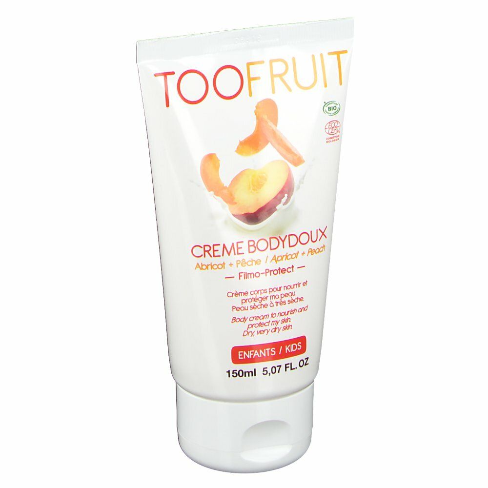 Tubo bianco con logo TOOFRUIT e pesca/albicocca. Testo: Crème Bodydoux, 150ml.