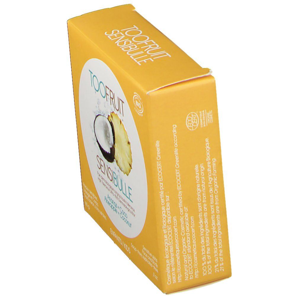 Confezione gialla, in diagonale. Stampa: TOOFUIT SENSIBULLE, cocco, ananas, certificazione bio. Testo su ingredienti e certificazione.