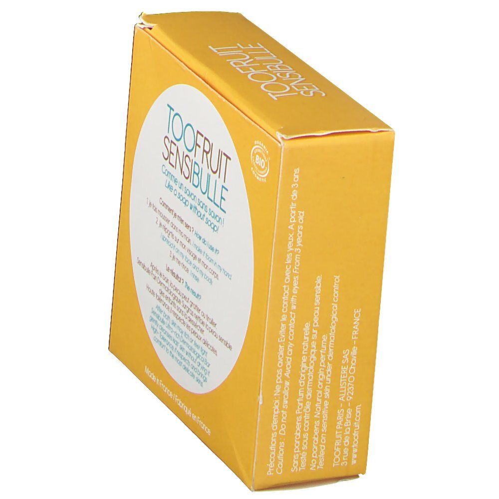Confezione gialla, in diagonale. Stampa: TOOFUIT SENSIBULLE, certificazione bio. Testo: Come usare come sapone senza sapone? Per pelli sensibili.