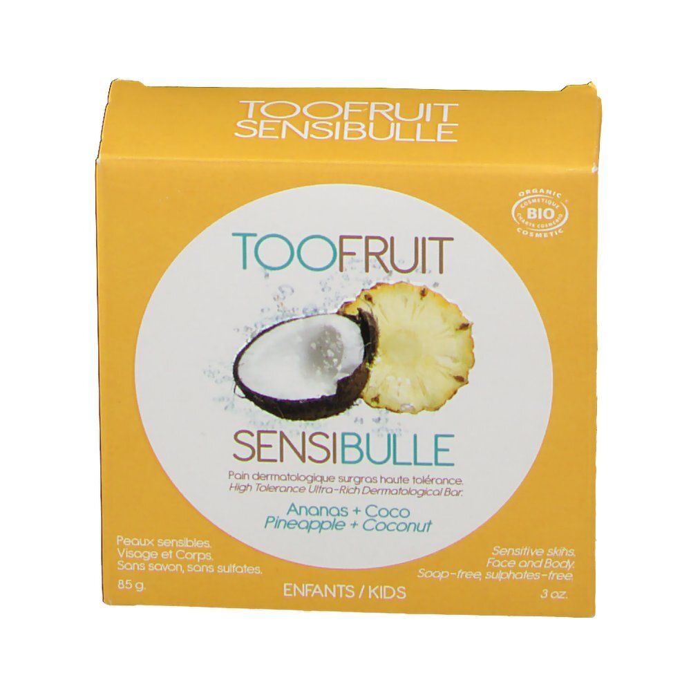 Confezione gialla. Stampa: TOOFUIT SENSIBULLE, ananas + cocco, certificazione bio. Per pelli sensibili, viso e corpo, bambini.