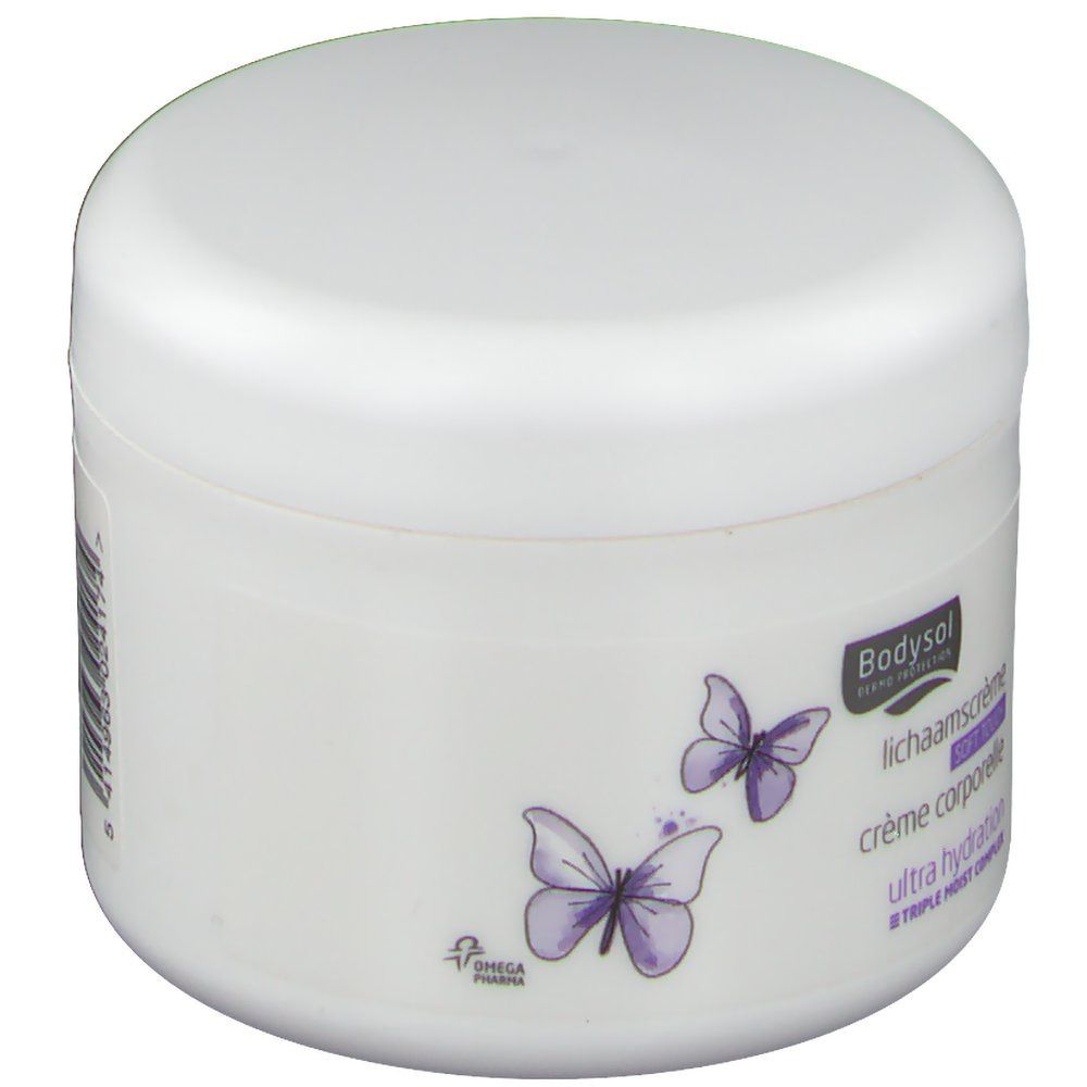 Vaso bianco con coperchio. Scritta: Bodysol, crema corpo, Ultra Hydration. Grafica farfalla viola.