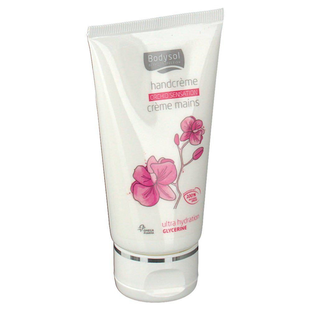 Tubo bianco di crema mani con fiore di orchidea rosa. Testo: Bodysol, Handcrème, Orchid Sensation, Crème Mains, Ultra Hydration.