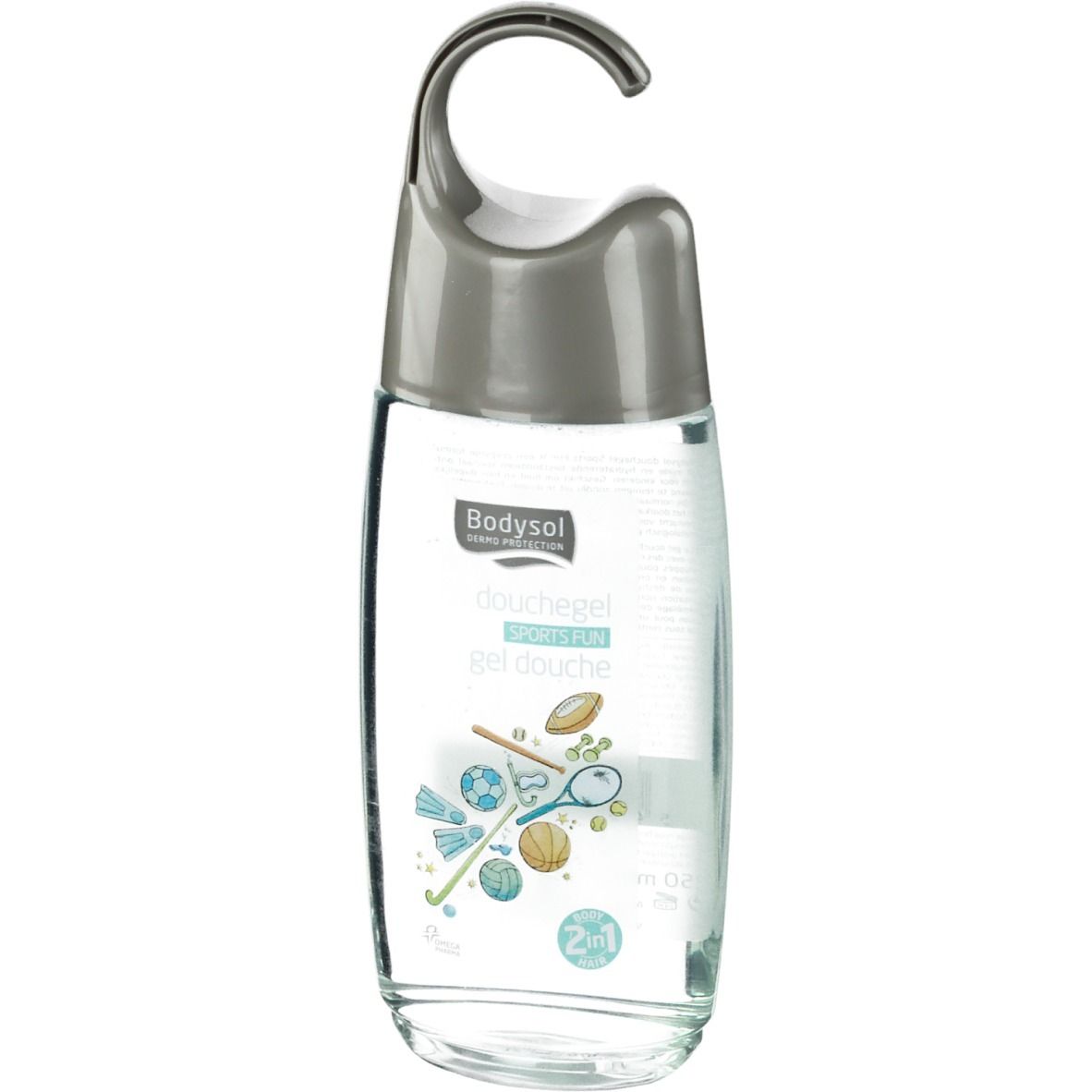 Flacone trasparente con tappo e gancio grigio. Scritta: Bodysol Duschgel Sports Fun Kids 2 in 1. Illustrazioni di attrezzature sportive.