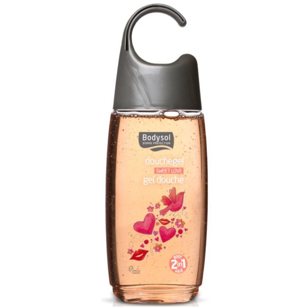 Gel doccia Bodysol Sweet Love, con gancio. Liquido rosa, design cuori e labbra. Flacone trasparente.