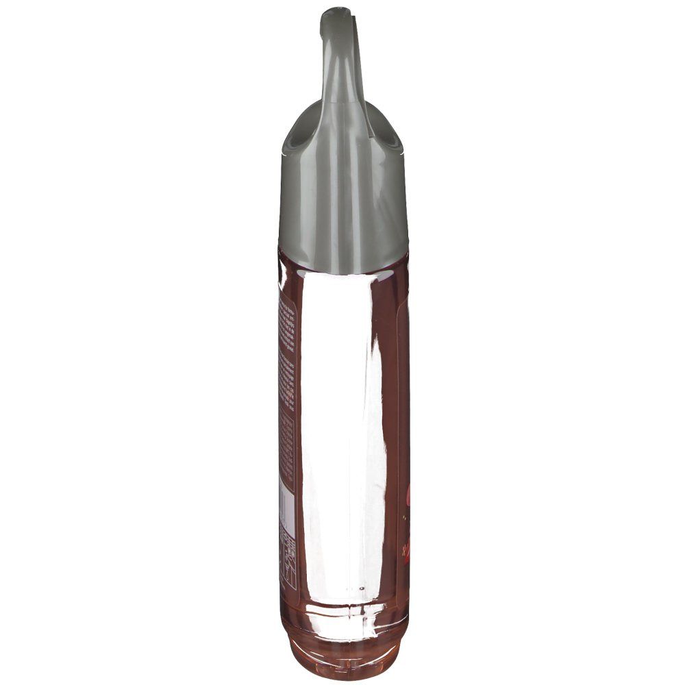 Flacone di gel doccia Bodysol. Flacone trasparente con liquido rosa. Gancio grigio.