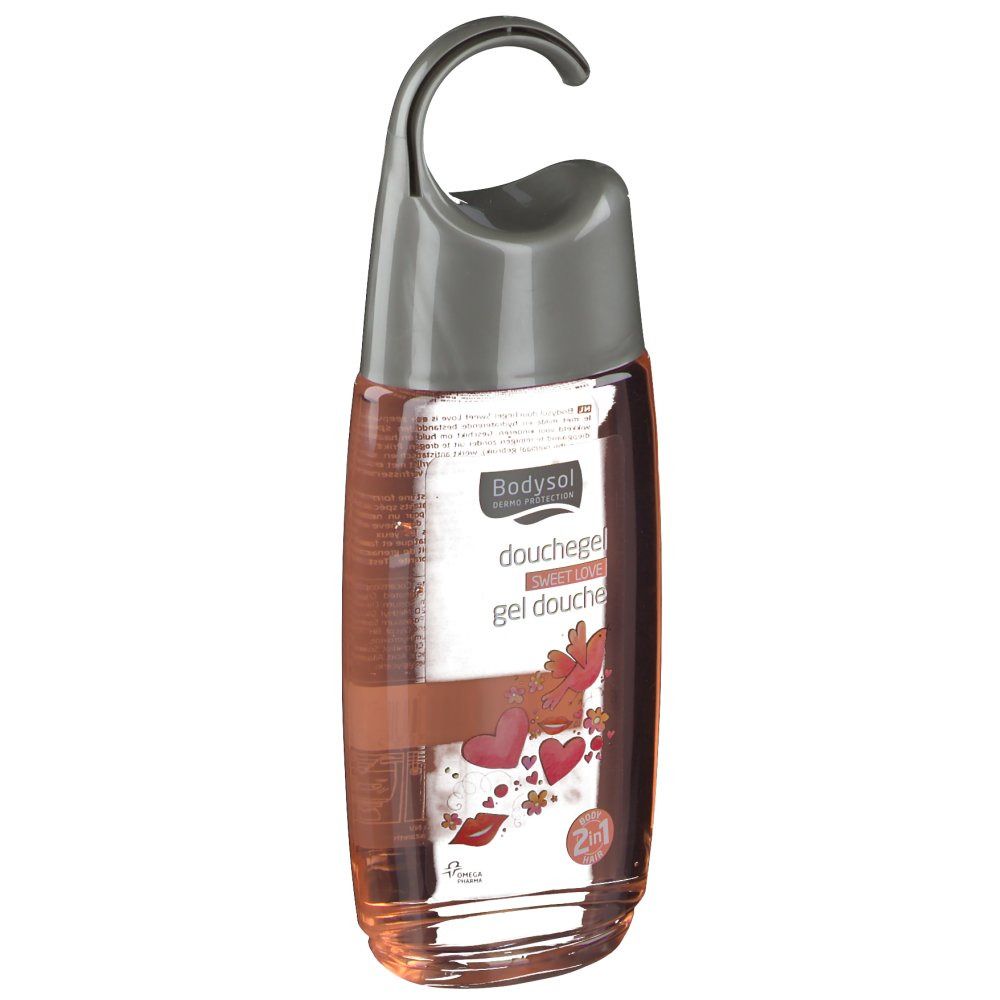 Gel doccia Bodysol Sweet Love, con gancio. Liquido rosa, design cuori e labbra. Flacone trasparente.