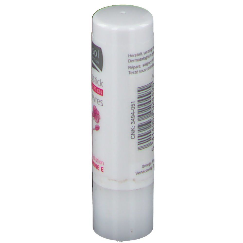 Stick labbra bianco. Stampa con codice a barre e testo. Informazioni sul produttore.