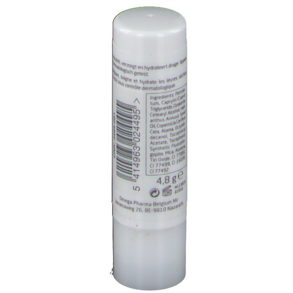 Stick labbra bianco. Retro con ingredienti, codice a barre e informazioni sul produttore.