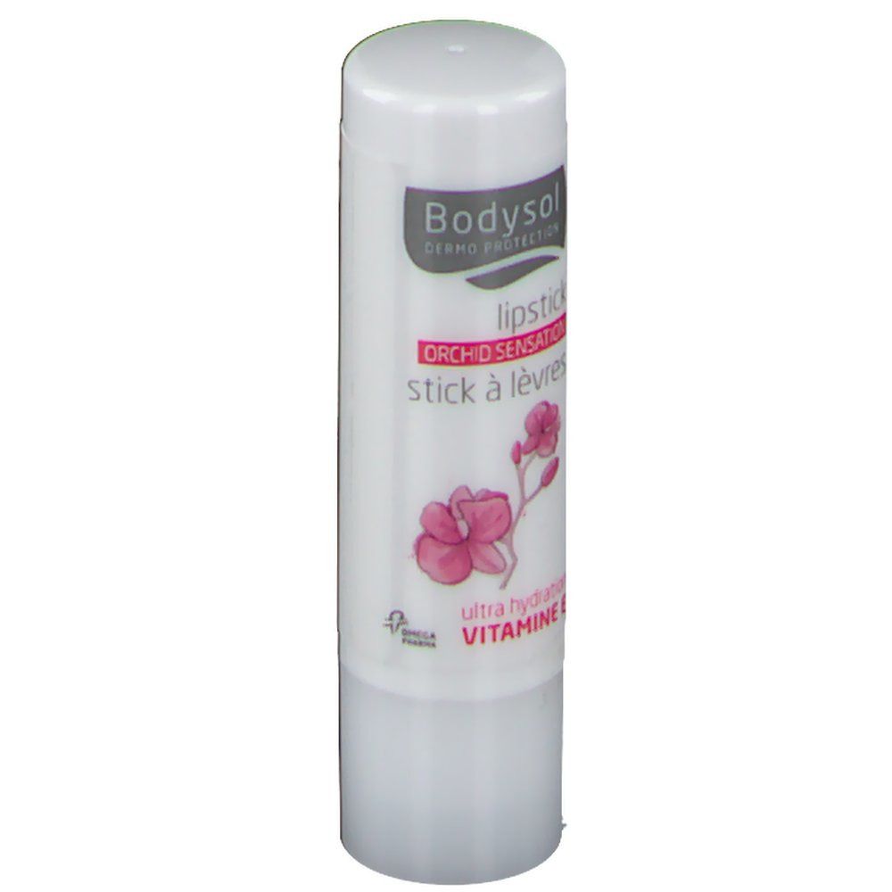Stick labbra bianco Bodysol, orchidea e testo. Contiene vitamina E. Ultra idratante.