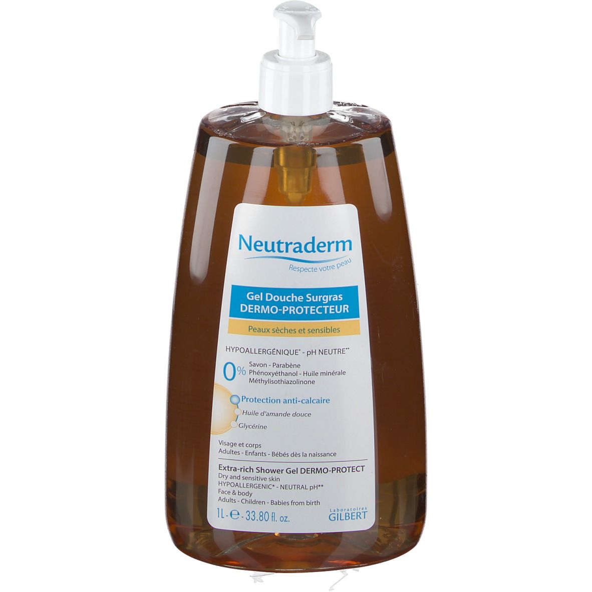 Gel doccia marrone con dosatore bianco. Etichetta con informazioni sul prodotto. Neutraderm Gel Duschgel Surgras Dermo-Protecteur.