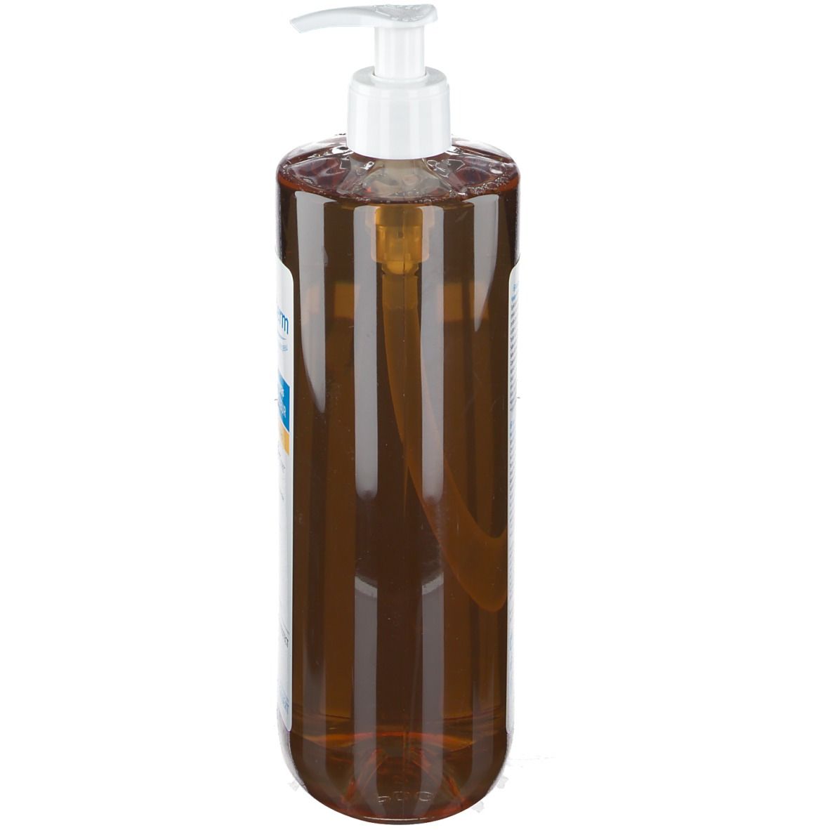 Flacone marrone trasparente con dosatore bianco. Neutraderm Gel Duschgel Surgras Dermo-Protecteur. Vista laterale.