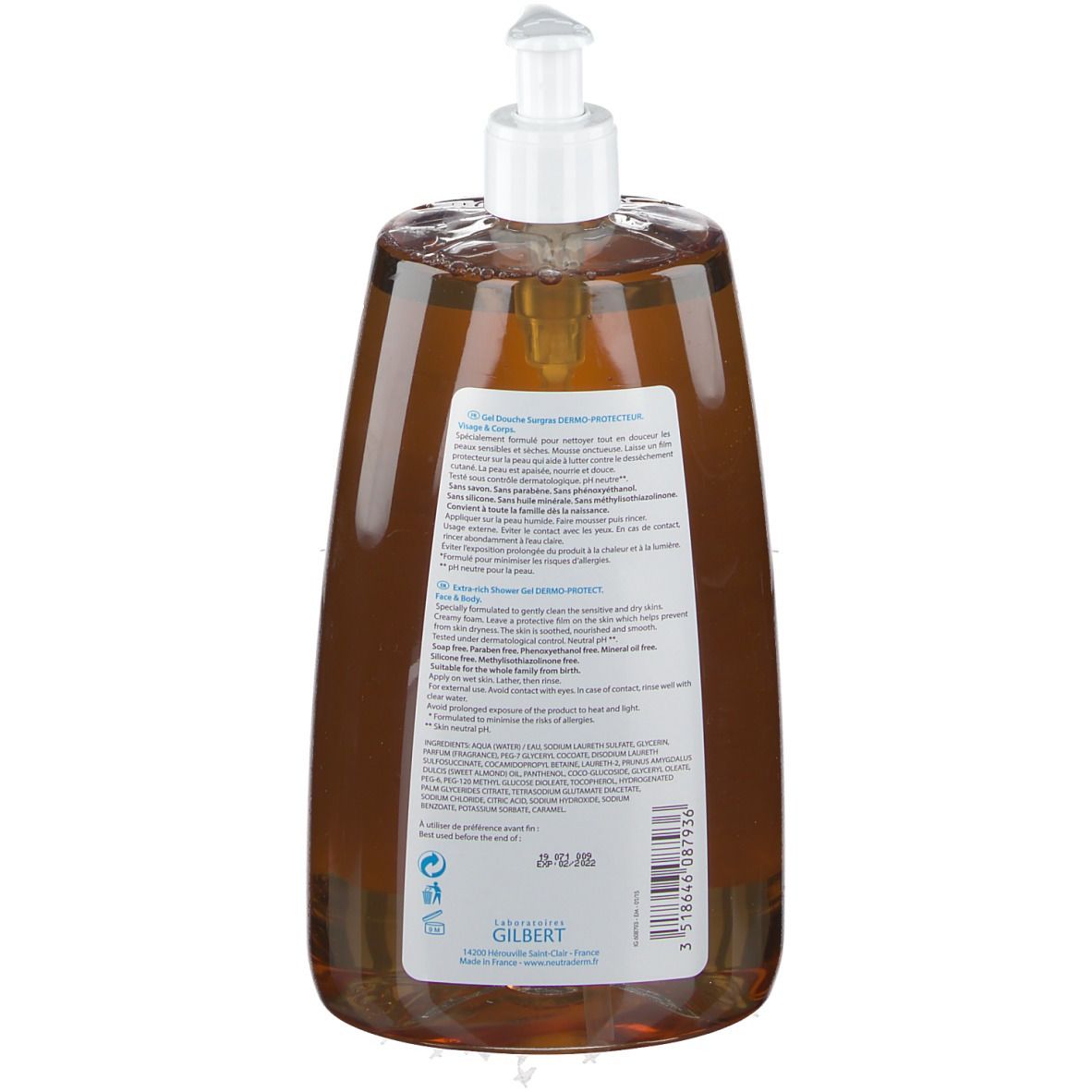 Retro del flacone marrone. Informazioni sul prodotto e ingredienti. Neutraderm Gel Duschgel Surgras Dermo-Protecteur.