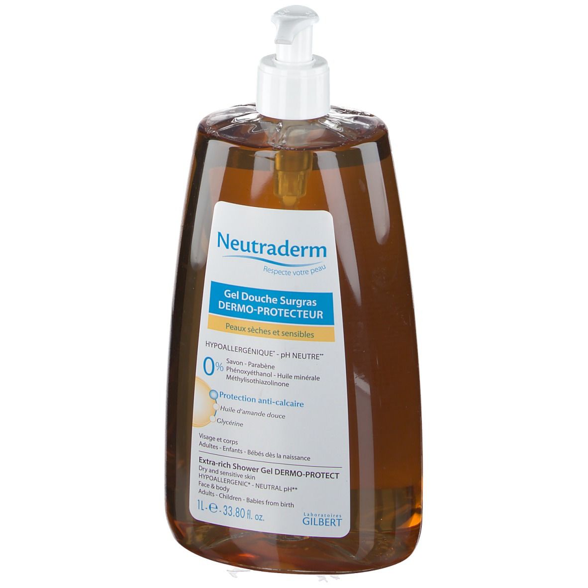 Gel doccia marrone con dosatore bianco. Etichetta con informazioni sul prodotto. Neutraderm Gel Duschgel Surgras Dermo-Protecteur.