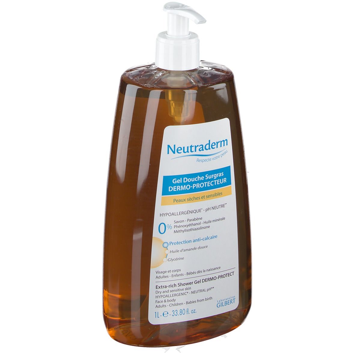 Gel doccia marrone con dosatore bianco. Etichetta con informazioni sul prodotto. Neutraderm Gel Duschgel Surgras Dermo-Protecteur.