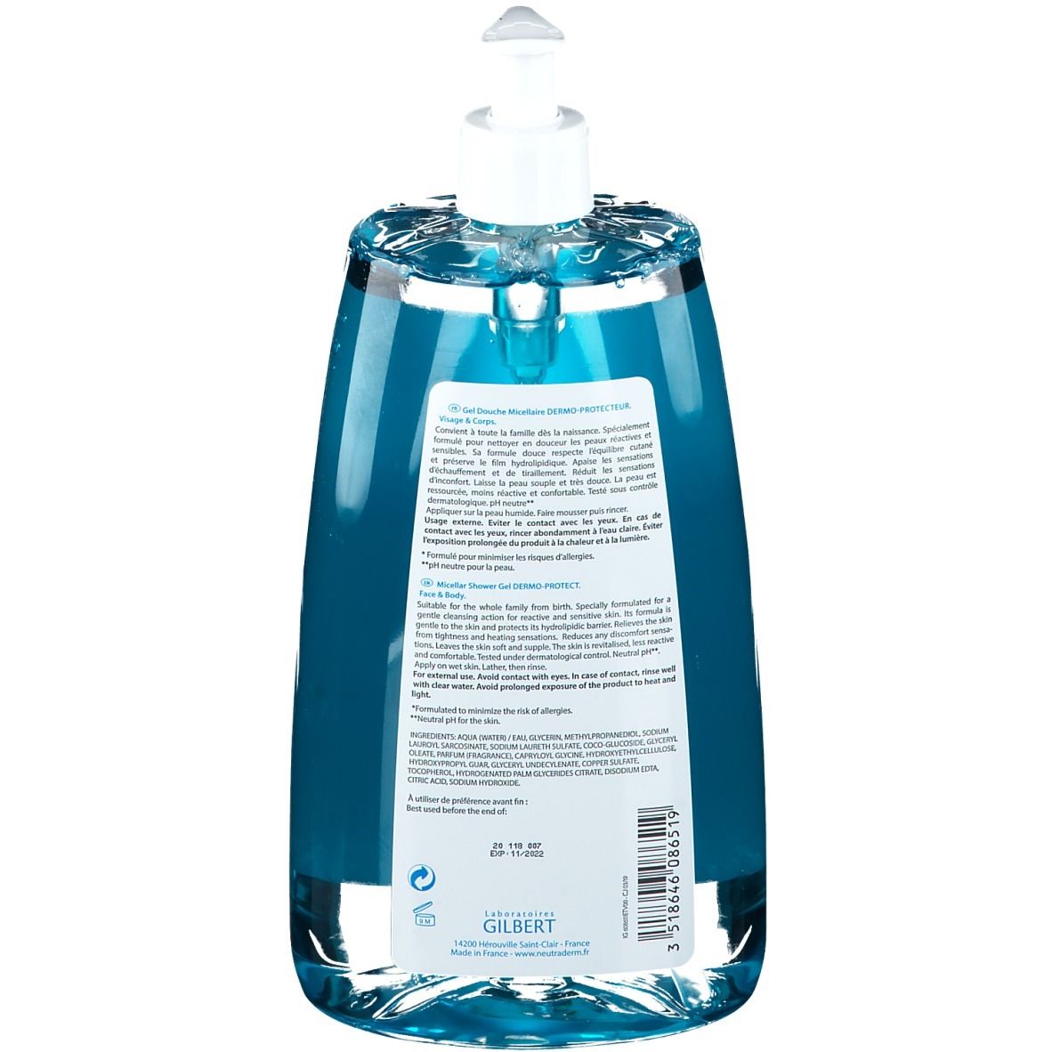 Retro del flacone di gel doccia Neutroderm Dermo-Protecteur. Liquido blu, dispenser bianco. Testo e ingredienti.