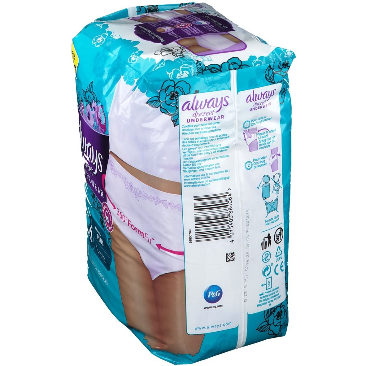 Confezione di Always Discreet Pants Large, vista posteriore. Confezione blu con immagine e testo del prodotto.