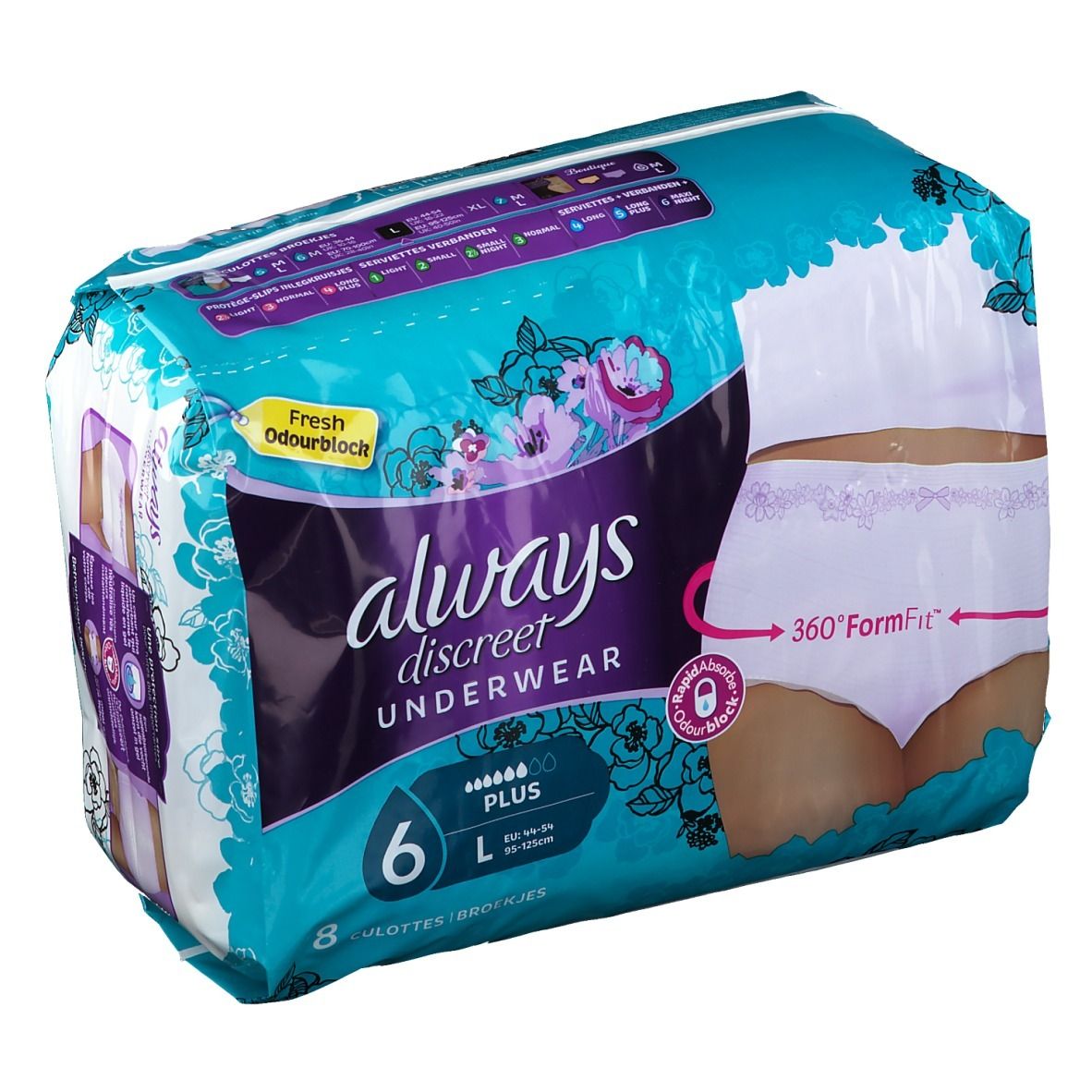 Confezione di Always Discreet Pants Large. Confezione blu con immagine e testo. Sei pezzi, protezione Plus.