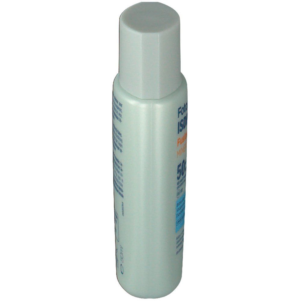 Flacone di crema solare, vista laterale. Colore verde chiaro. Etichetta con testo. Prodotto: ISDIN Fusion Fluid Mineral Baby SPF 50+.