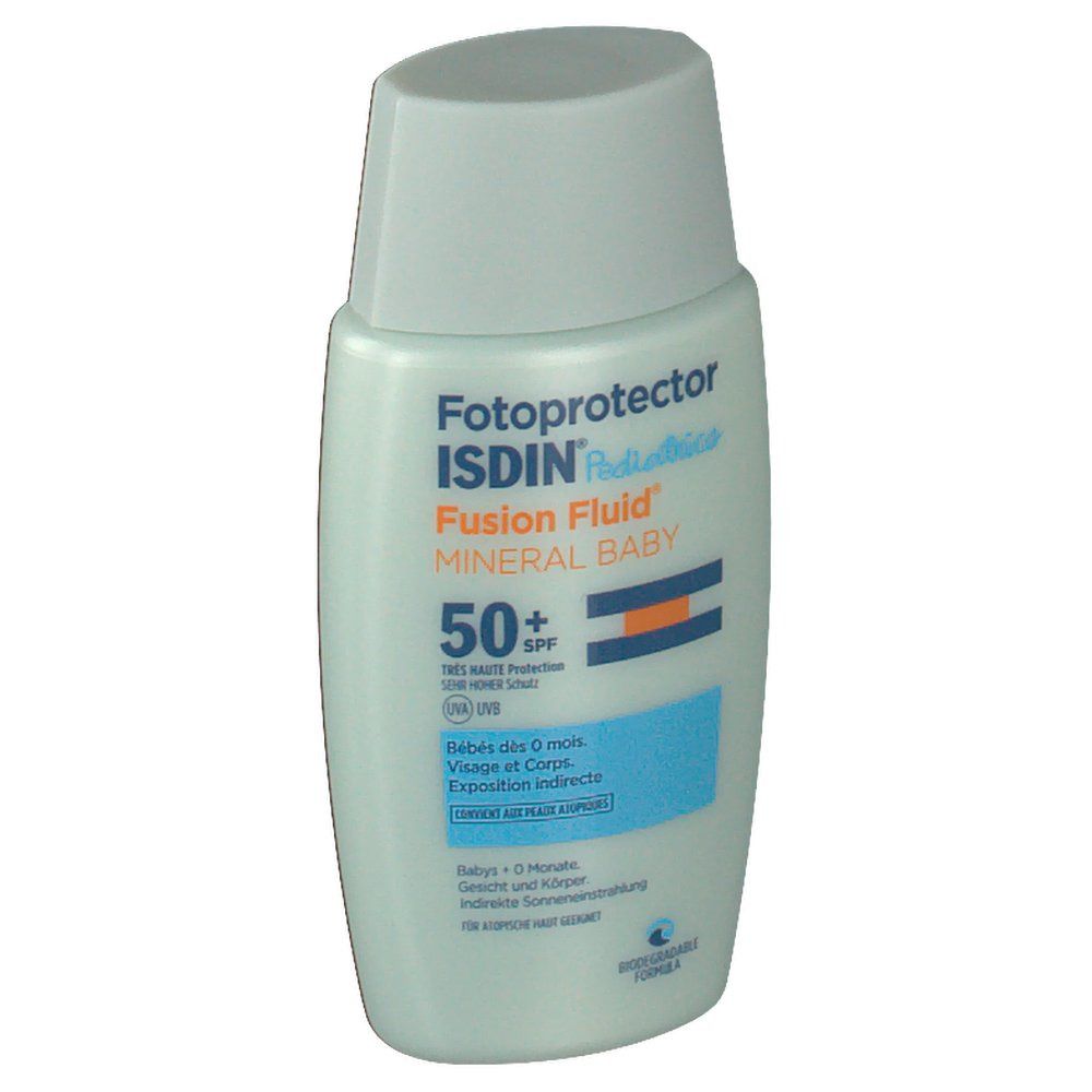 Fluido solare per bambini. Flacone con etichetta blu e bianca. Testo: ISDIN, Fusion Fluid Mineral Baby SPF 50+.