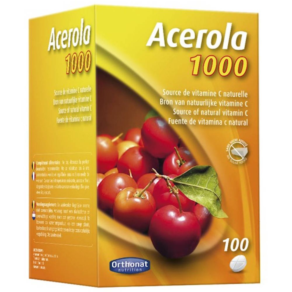 Confezione di Acerola 1000. Scatola giallo-arancio con nome del prodotto e immagine di ciliegie. Contiene 100 compresse.