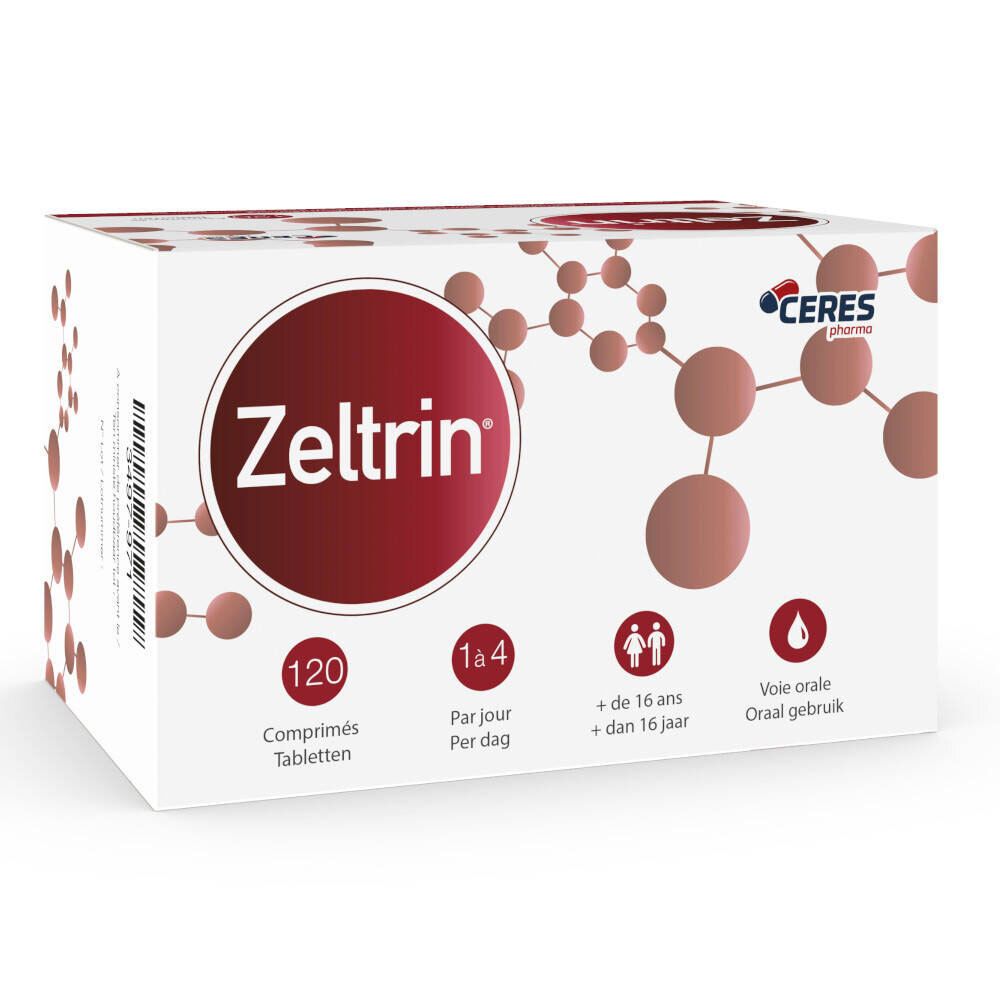 Confezione Zeltrin bianca con logo rosso. Contiene 120 compresse. Dosaggio: 1-4 al giorno. Per persone +16 anni. Uso orale.