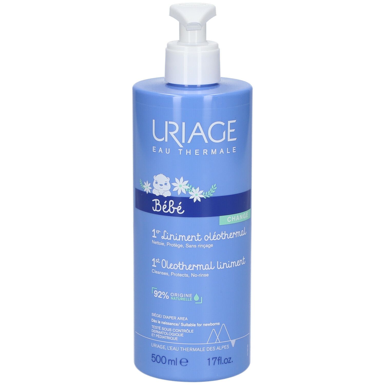 Flacone blu chiaro con dosatore bianco. Scritta: Uriage, Bébé, 1er Liniment oléothermal, 500ml.