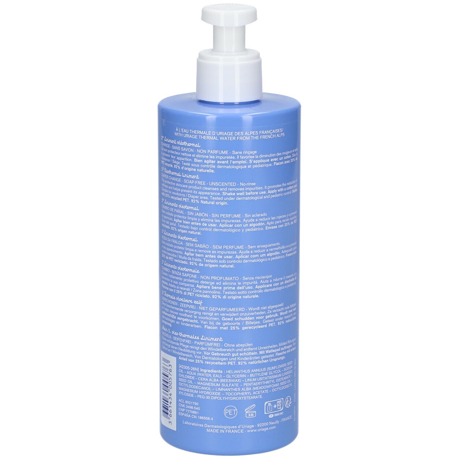 Retro di un flacone blu chiaro con dosatore bianco. Testo multilingue. Scritta: Uriage, 500ml.
