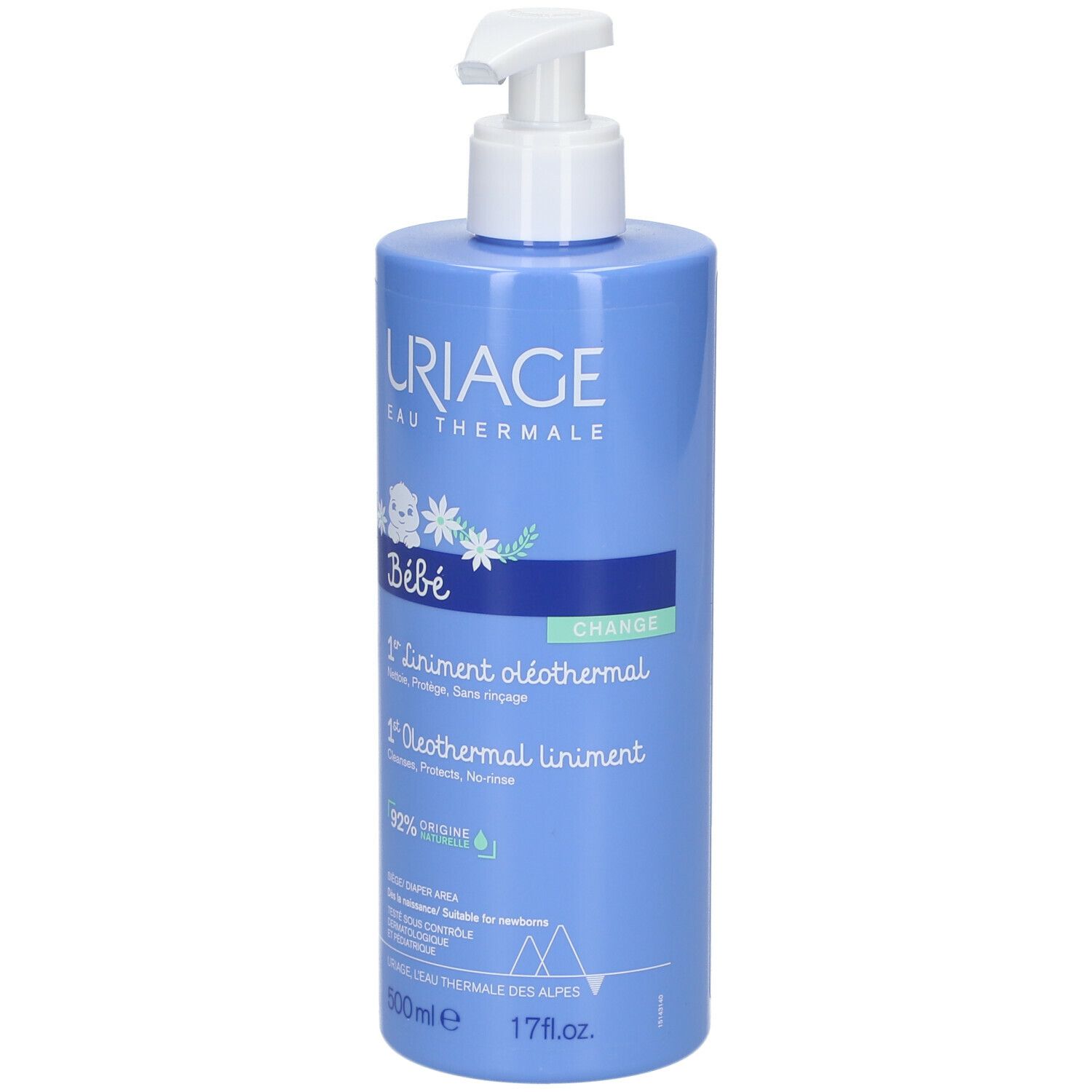 Flacone blu chiaro con dosatore bianco. Scritta: Uriage, Bébé, 1er Liniment oléothermal, 500ml.