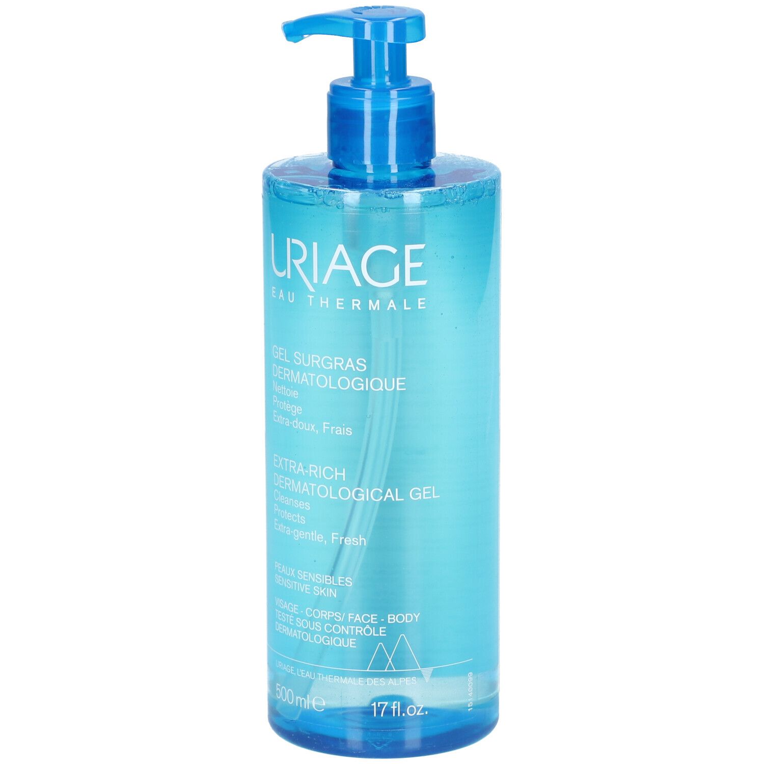 Flacone blu con dosatore. Uriage Gel Surgras Dermatologico. Testo sul flacone.