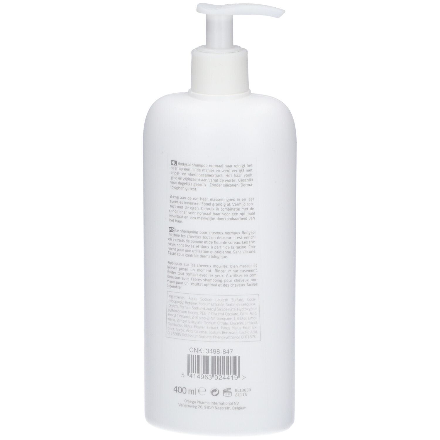 Retro del flacone di shampoo. Testo multilingue. Ingredienti e informazioni del produttore.