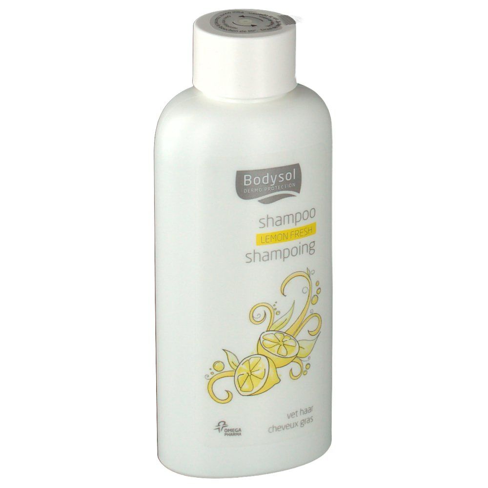 Flacone bianco di shampoo Bodysol, al limone fresco. Illustrazione di limoni gialli. Per capelli grassi.