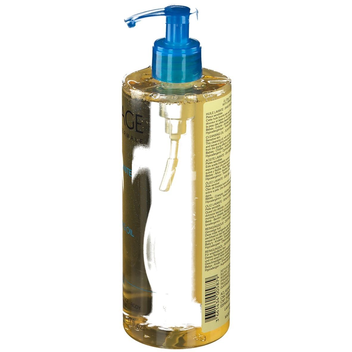 Flacone di olio detergente Uriage con dosatore blu. Scritta: Uriage Eau Thermale, Cleansing Oil.