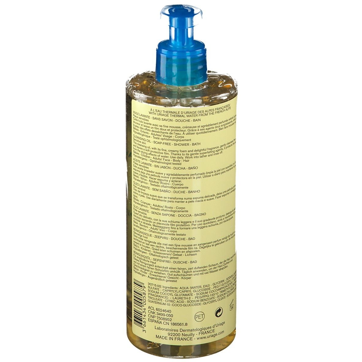 Flacone di olio detergente Uriage con dosatore blu. Scritta: Uriage Eau Thermale, Cleansing Oil.