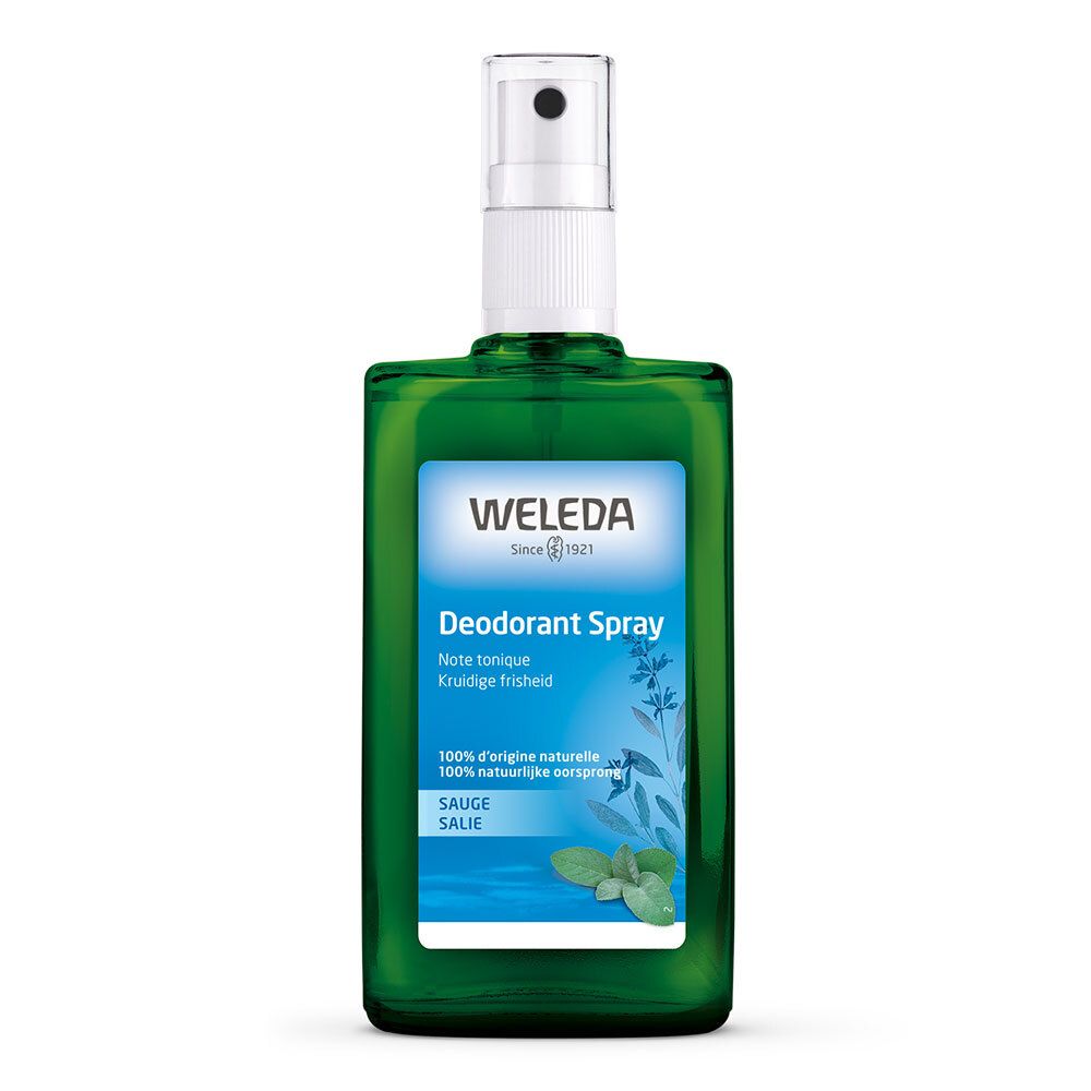 Flacone spray verde con erogatore bianco. Scritta: Weleda Deodorant Spray, Salvia. Flacone in piedi.