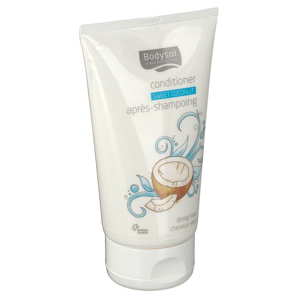 Tubo bianco con logo Bodysol e testo: Conditioner, Sweet Coconut, après-shampooing. Motivo cocco.