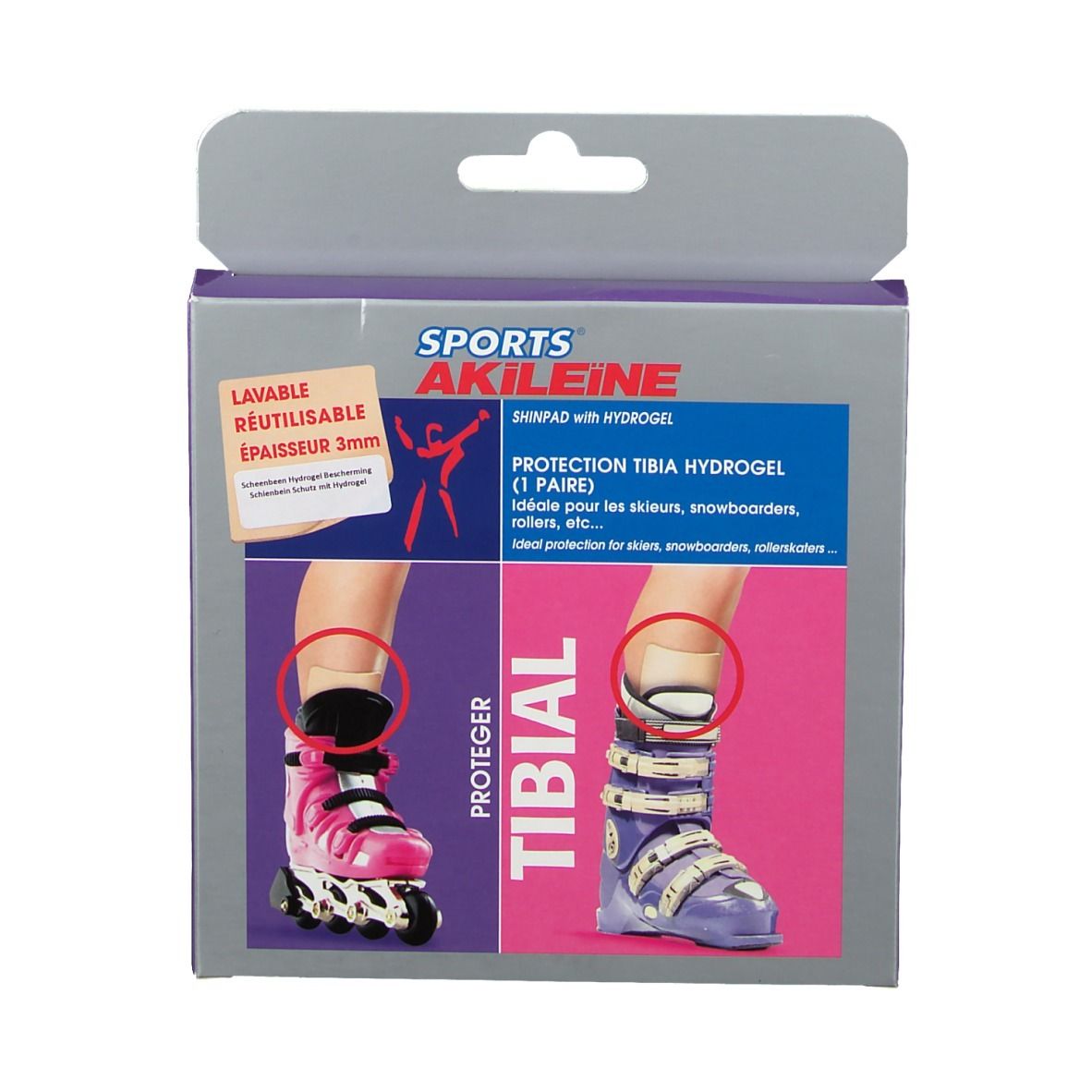 Confezione Akileïne Deporte Protector De Tibia. Contiene un paio. Illustrazioni di piedi con scarponi da sci e pattini. Testo: Shinpad with hydrogel.