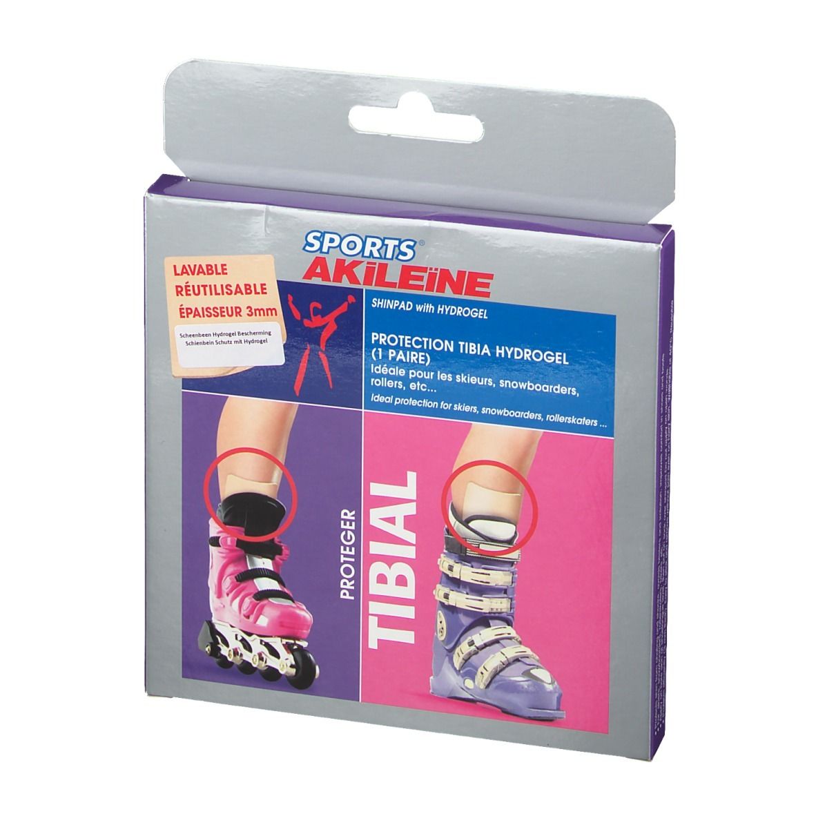 Confezione Akileïne Deporte Protector De Tibia. Contiene un paio. Illustrazioni di piedi con scarponi da sci e pattini. Testo: Shinpad with hydrogel.