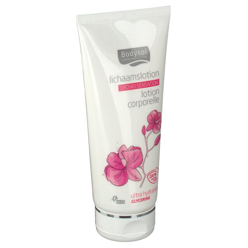 Tubo bianco con logo Bodysol, illustrazione di orchidea e testo. Contiene 'lotion corporelle'.