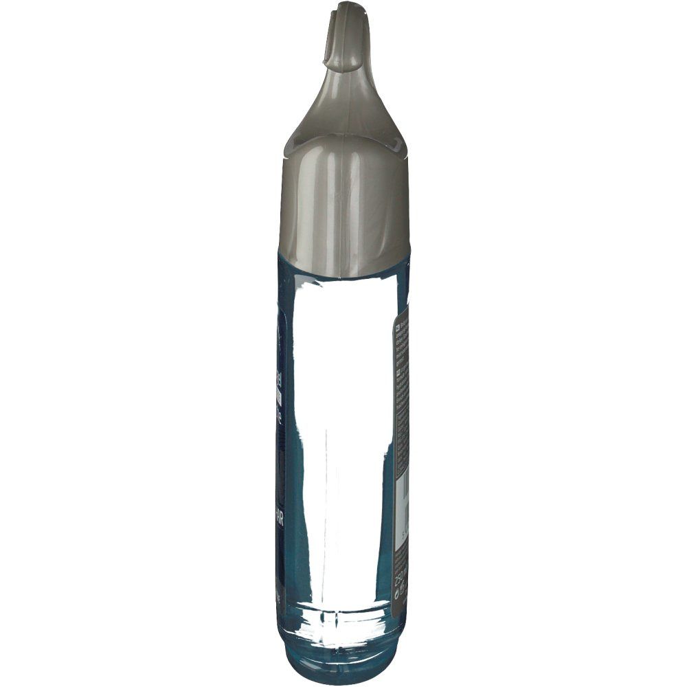 Flacone stretto e trasparente con tappo grigio. Dispositivo per appendere. Retro con testo.