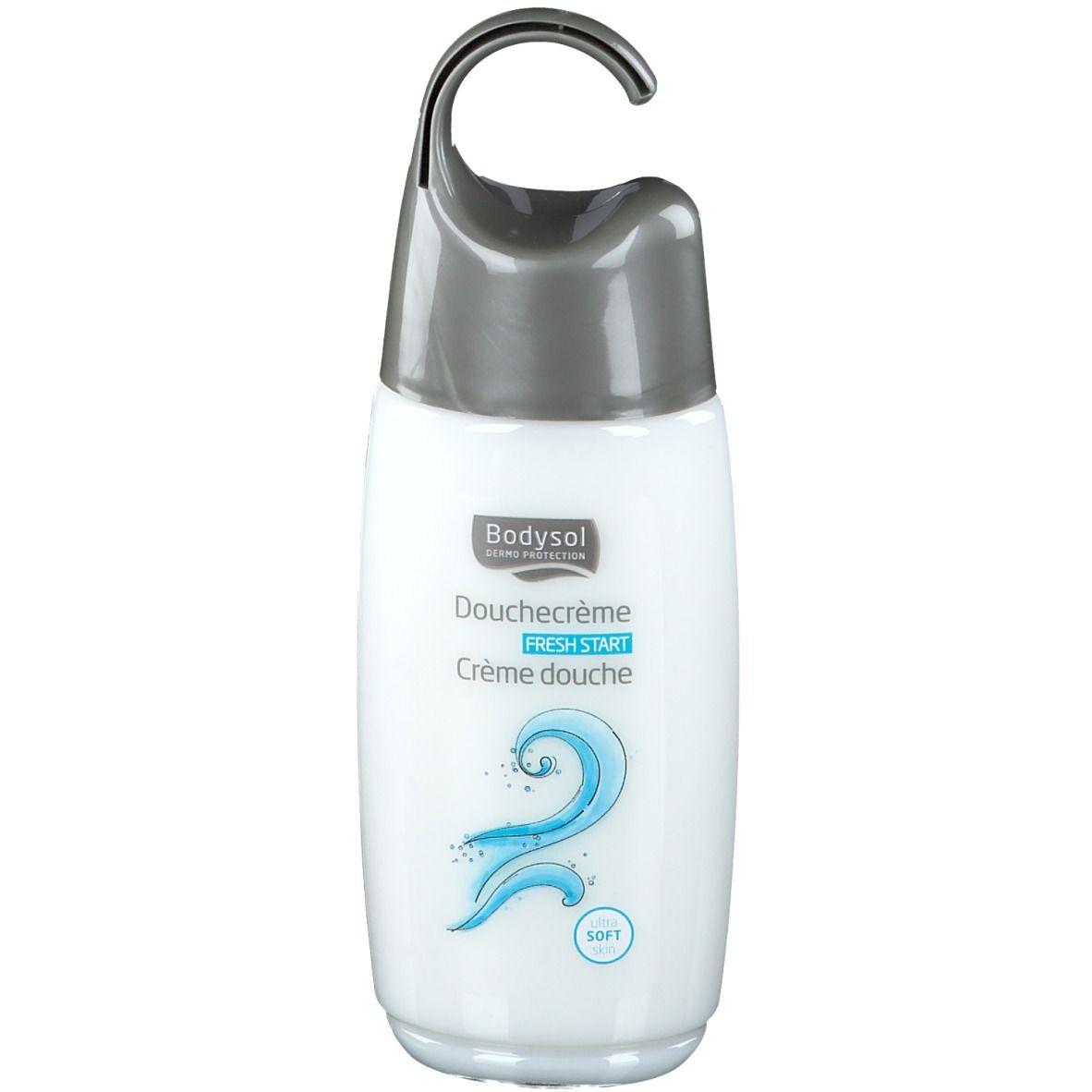 Flacone bianco di gel doccia Bodysol con tappo grigio e gancio. Grafica onda blu e scritta 'fresh start'.
