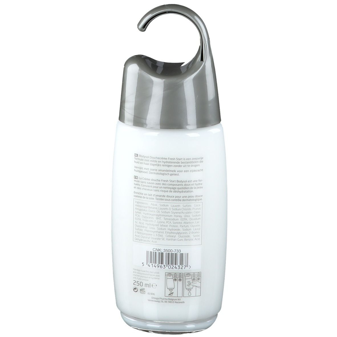 Retro del flacone di gel doccia Bodysol. Testo multilingue, ingredienti e codice a barre.