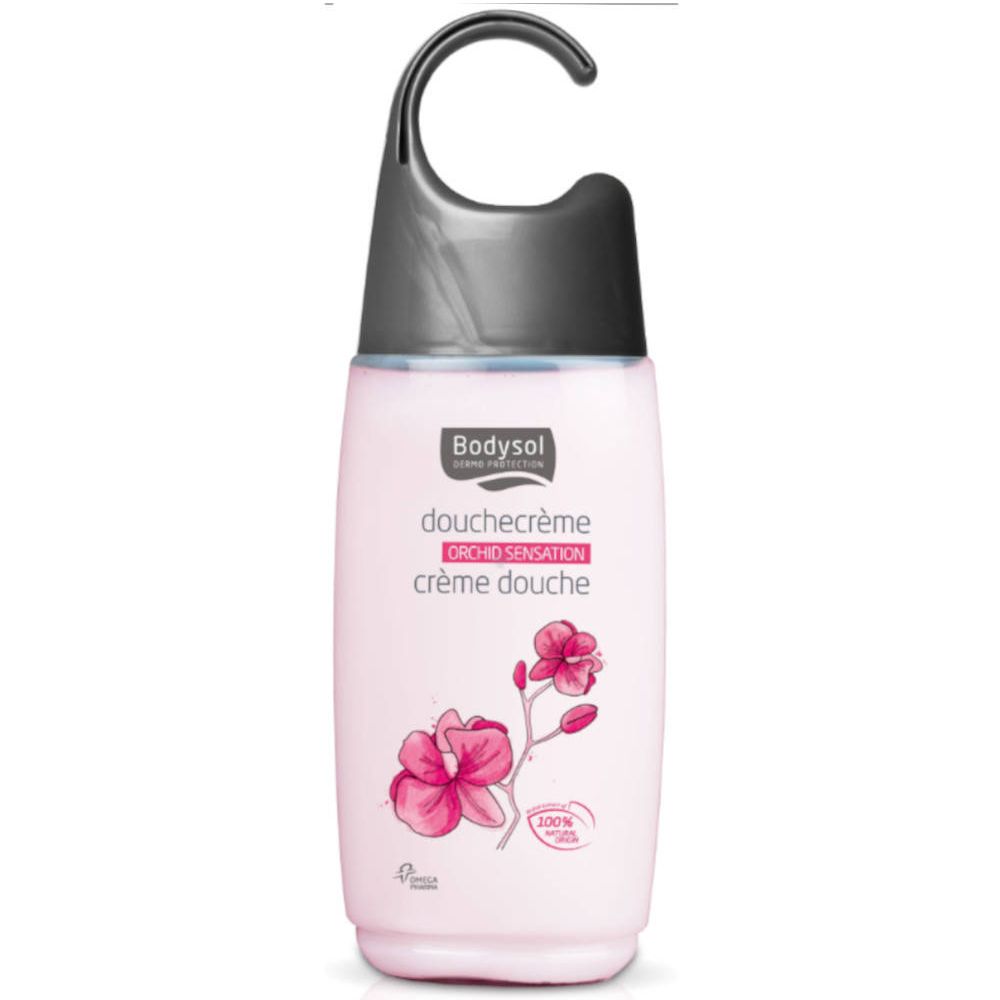 Flacone di crema doccia rosa con gancio nero. Scritta: Bodysol, Duschcreme Orchidee. Illustrazione di un'orchidea.